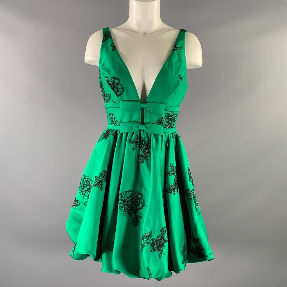 MARCHESA Size 2 Green Black Polyester Floral Bubble Hem Knee-Length Dress